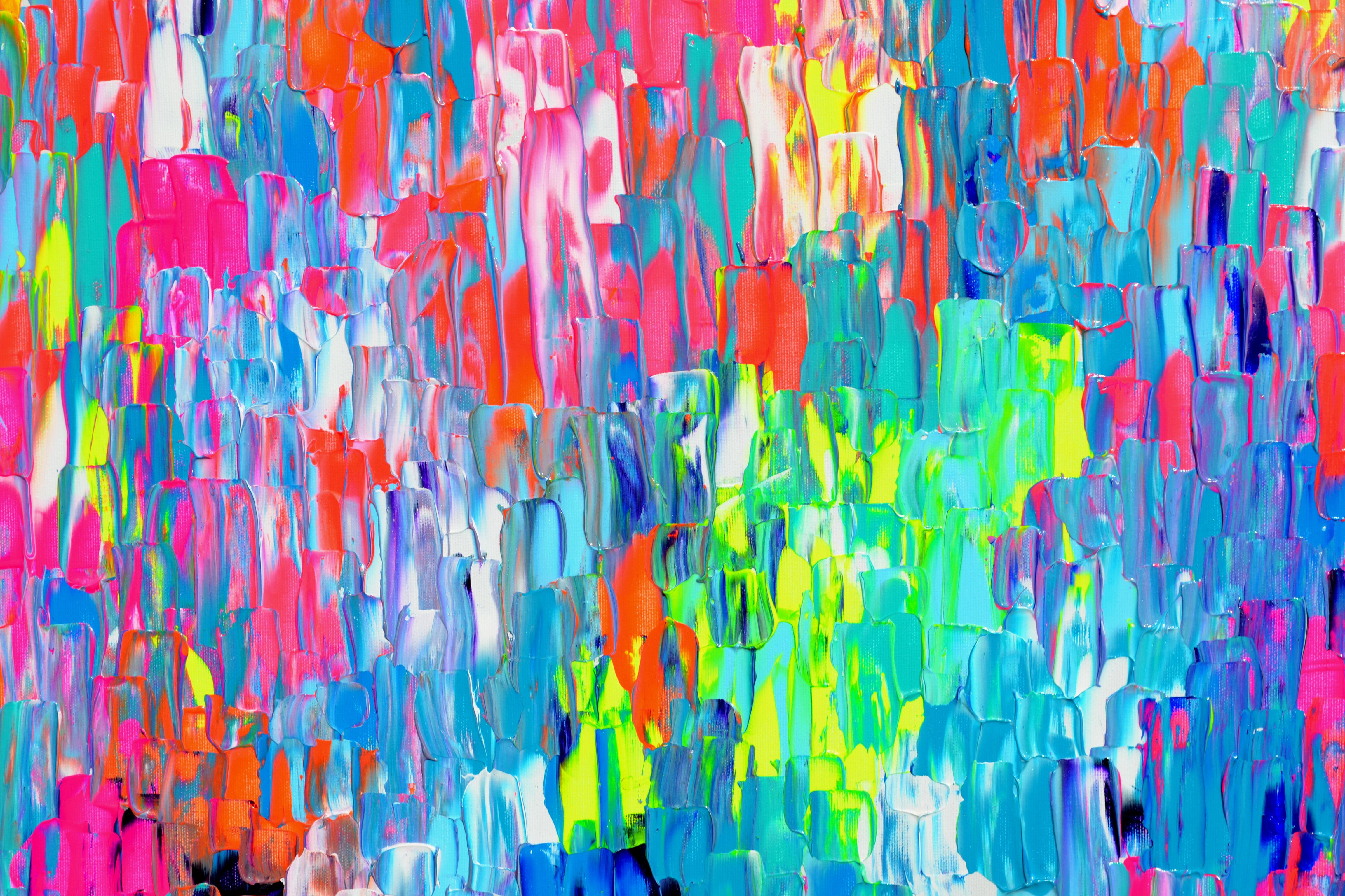 READY TO HANG with the edges painted.
The technique I used is: palette knife, professional varnished acrylic pigments, neon acrylics on stretched canvas. At the end I covered with a glossy coat of varnish, to protect it against UV and dust.
I used a