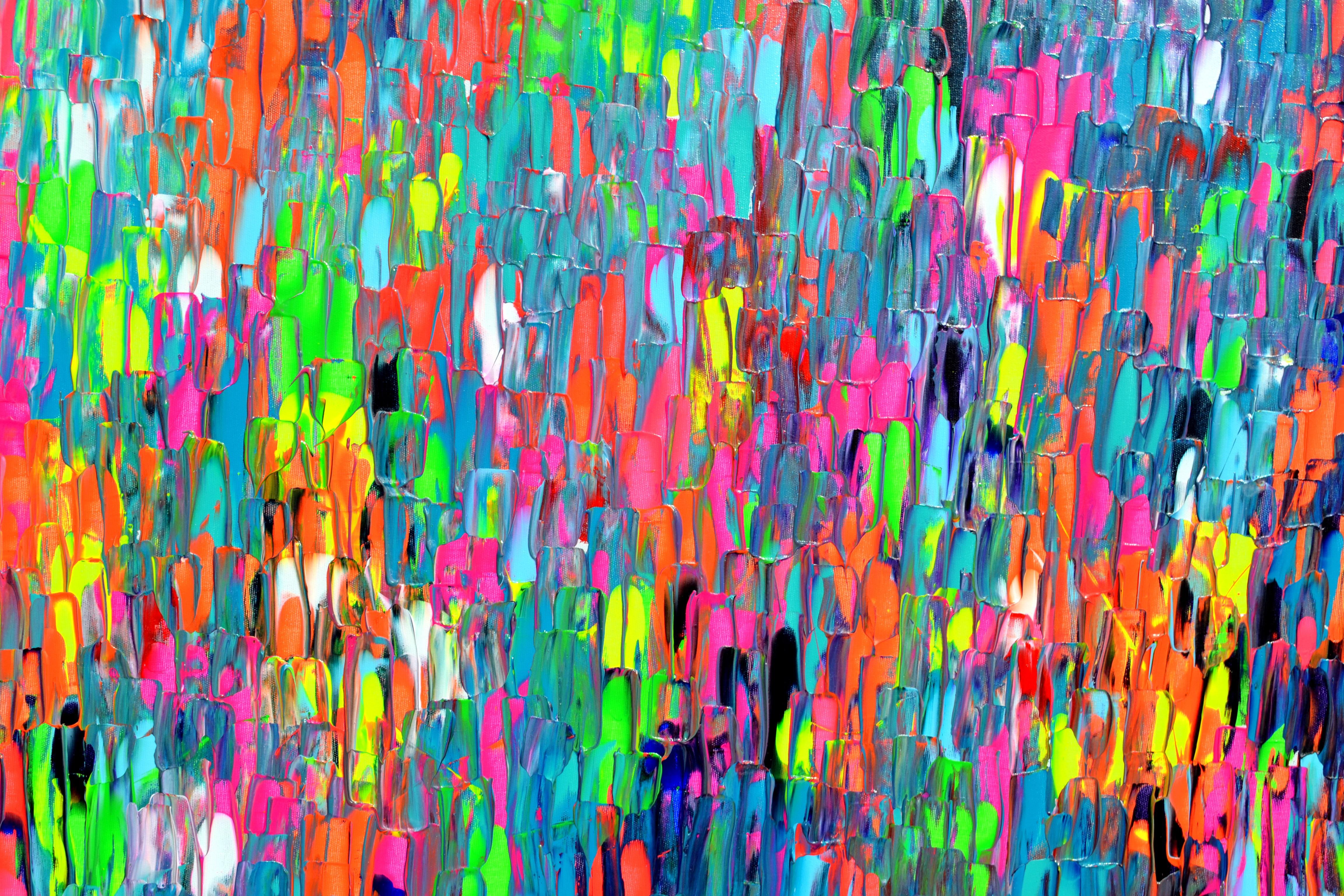 PRONTO DA APPENDERE con i bordi dipinti.
La tecnica che ho utilizzato è: spatola, pigmenti acrilici professionali verniciati, acrilici al neon su tela tesa. Alla fine ho ricoperto con uno strato di vernice lucida, per proteggerlo dai raggi UV e