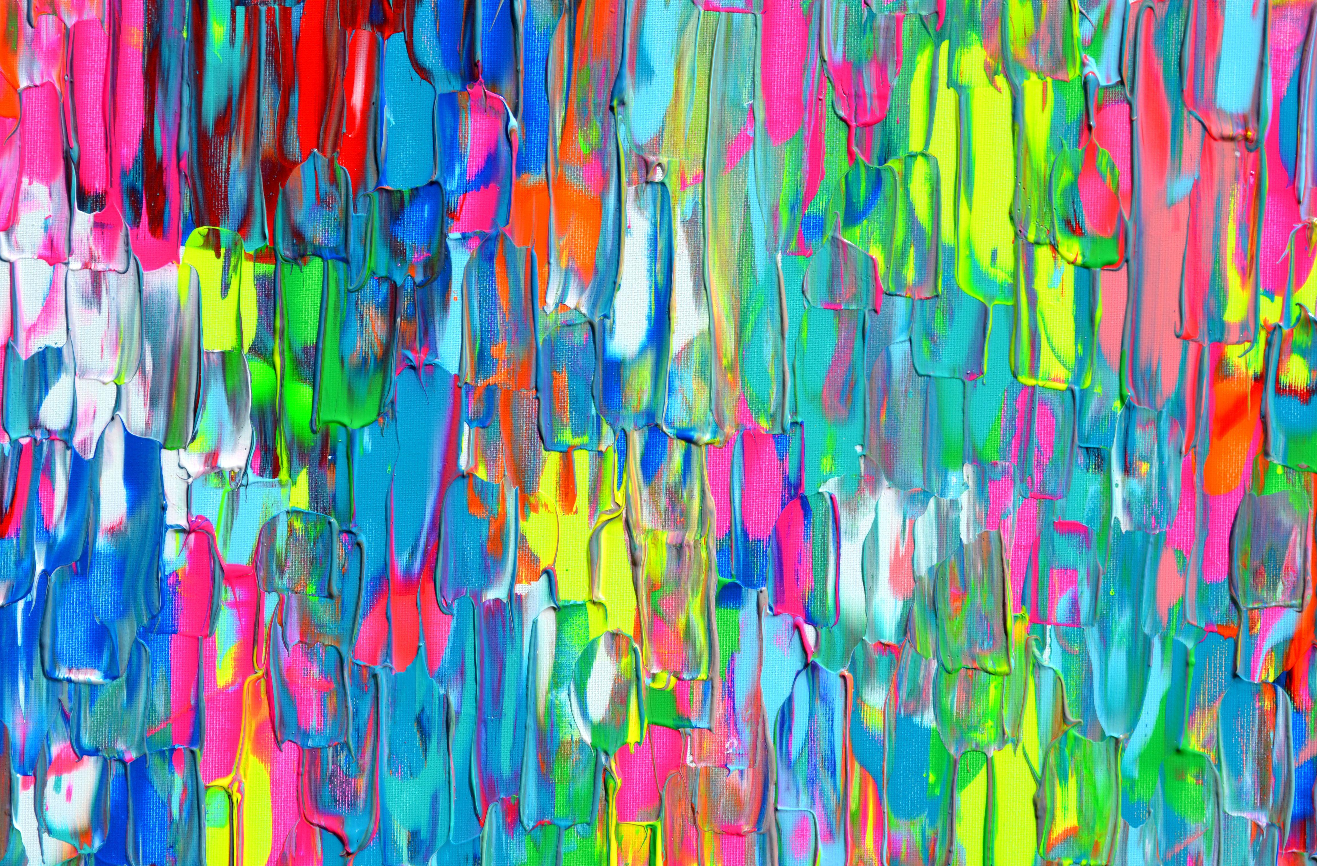 Une superbe peinture vibrante et audacieuse prête à être accrochée. Cette peinture étonnante peut être placée au milieu d'un grand espace comme centre d'attraction.  Dimensions : 100x100X2 cm, 39.4x39.4x0.8 pouces.  La technique que j'utilise est la