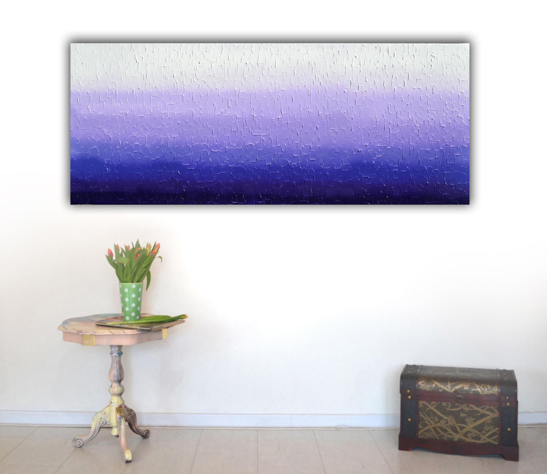 Elevate your space with this large original, gradient of purple, abstract painting! Made on stretched heavy canvas, the edges are painted for a polished look. The glossy varnish not only protects from UV and dust but also enhances the vivid acrylic