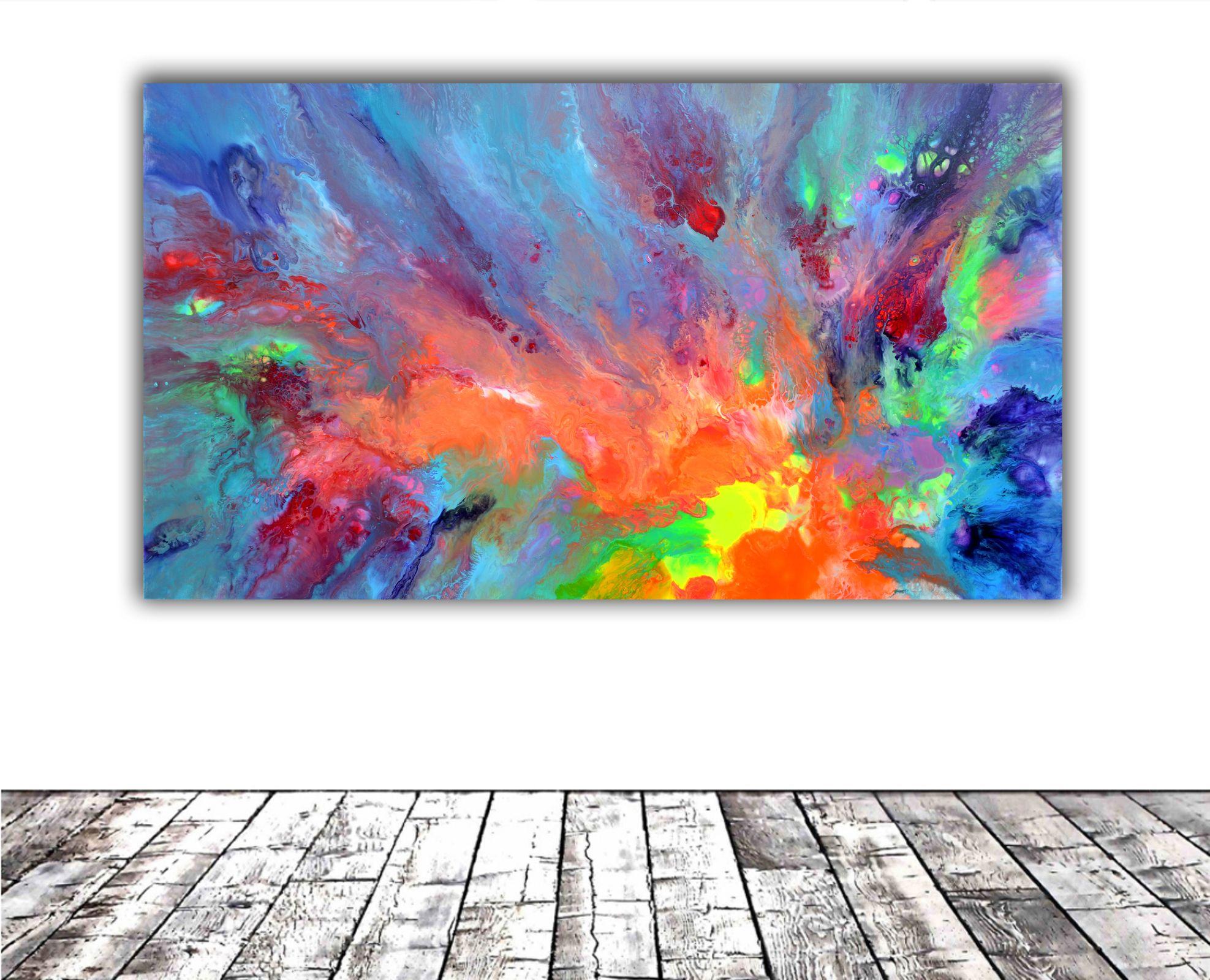 Ready to hang with the edges painted - GALLERY 3D QUALITY  Size: 140x80X4 cm, 55.12x31.5x1.6 inches.  A very colourful piece of art, as a focal point it will bring a large space to life. Some colours could not be caught by the camera.  Will be
