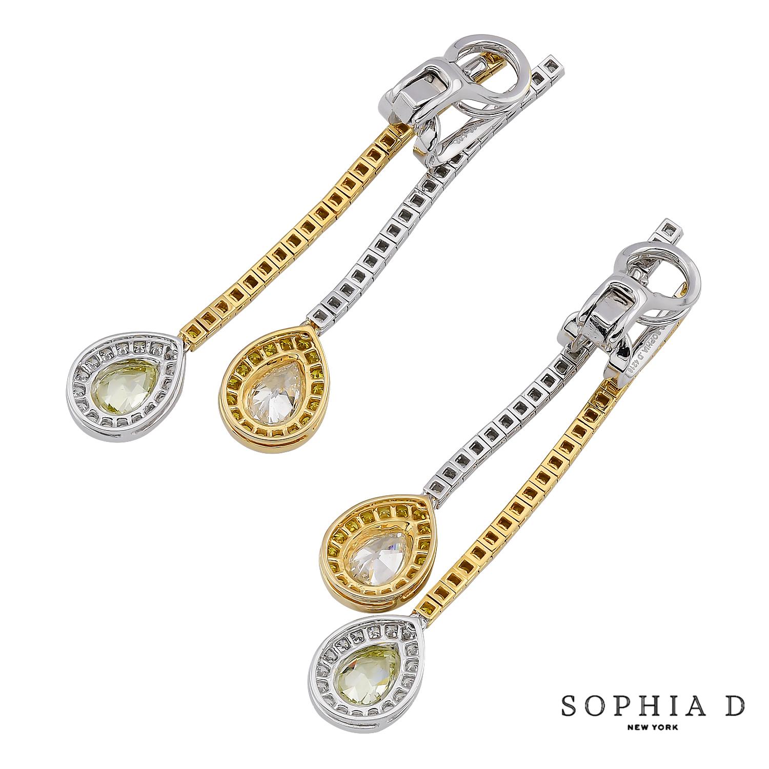 Pear Cut Sophi D White & Fancy Yellow Diamond Drop Earrings in 18K Yellow Gold & Platinum For Sale