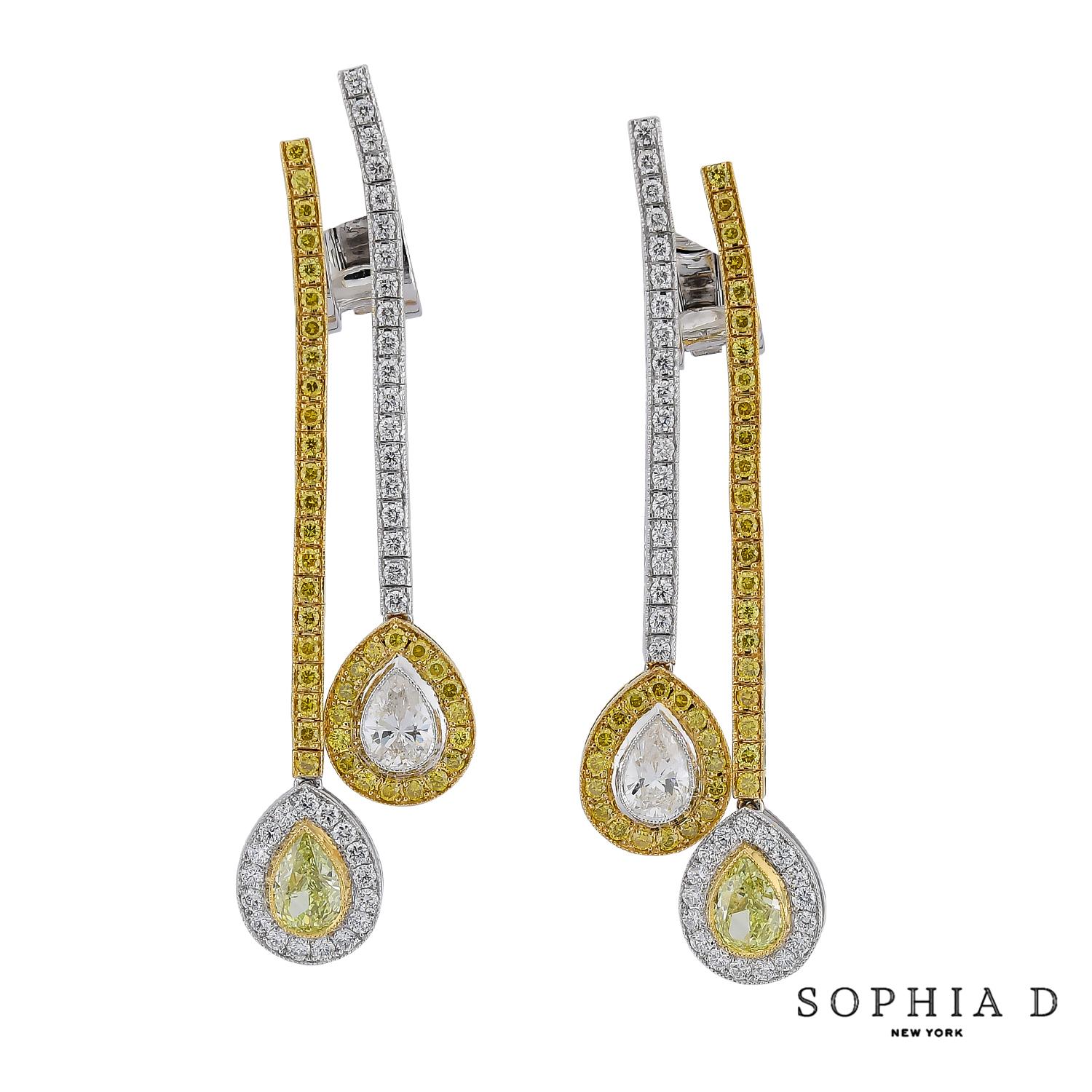 Sophi D White & Fancy Yellow Diamond Drop Earrings in 18K Yellow Gold & Platinum In New Condition For Sale In New York, NY