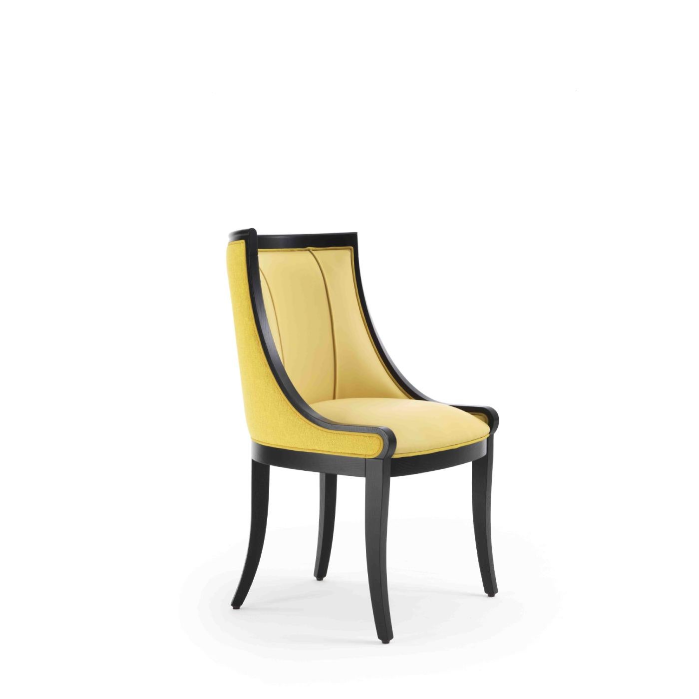 Showcasing a Classic design with a modern and stylish twist, this superb dining armchair will complement contemporary and traditional dining rooms alike. The solid ash frame has an ebonized finish that complements the pale-yellow leather upholstery