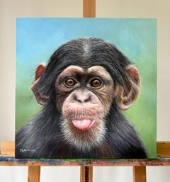 Cheeky Chimpanzee Portrait, Oil on Canvas, Contemporary Wildlife Art