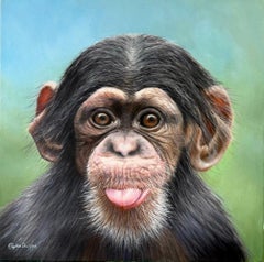 Ritratto di uno scimpanzé birichino, olio su tela, arte contemporanea dedicata alla fauna selvatica