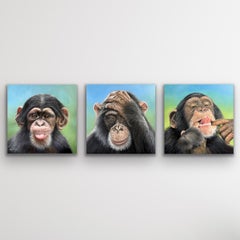 Chimpanzee Portraits Set, Oil on Canvas, Contemporary Wildlife Art