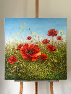 "Crimson Meadow" - Dipinto a olio su tela, opera originale in stile realismo contemporaneo, 80x80 cm