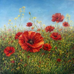"Crimson Meadow" - Dipinto a olio su tela, opera originale in stile realismo contemporaneo, 80x80 cm