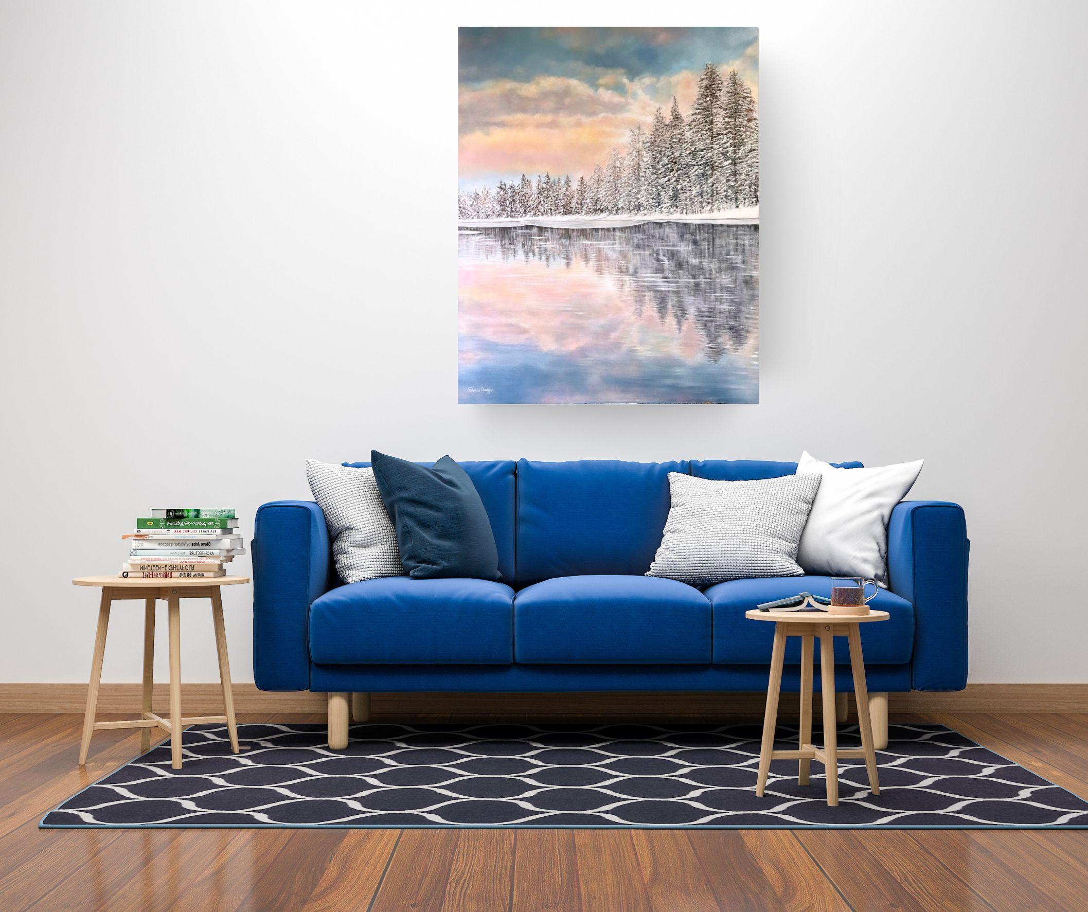 Dieses außergewöhnliche Kunstwerk ist derzeit in der Signet Contemporary Art Gallery und online ausgestellt und zu verkaufen. Dieses heitere Ölgemälde mit dem Titel Snowy Haven fängt die bezaubernde Stille einer Winterlandschaft ein. Ein