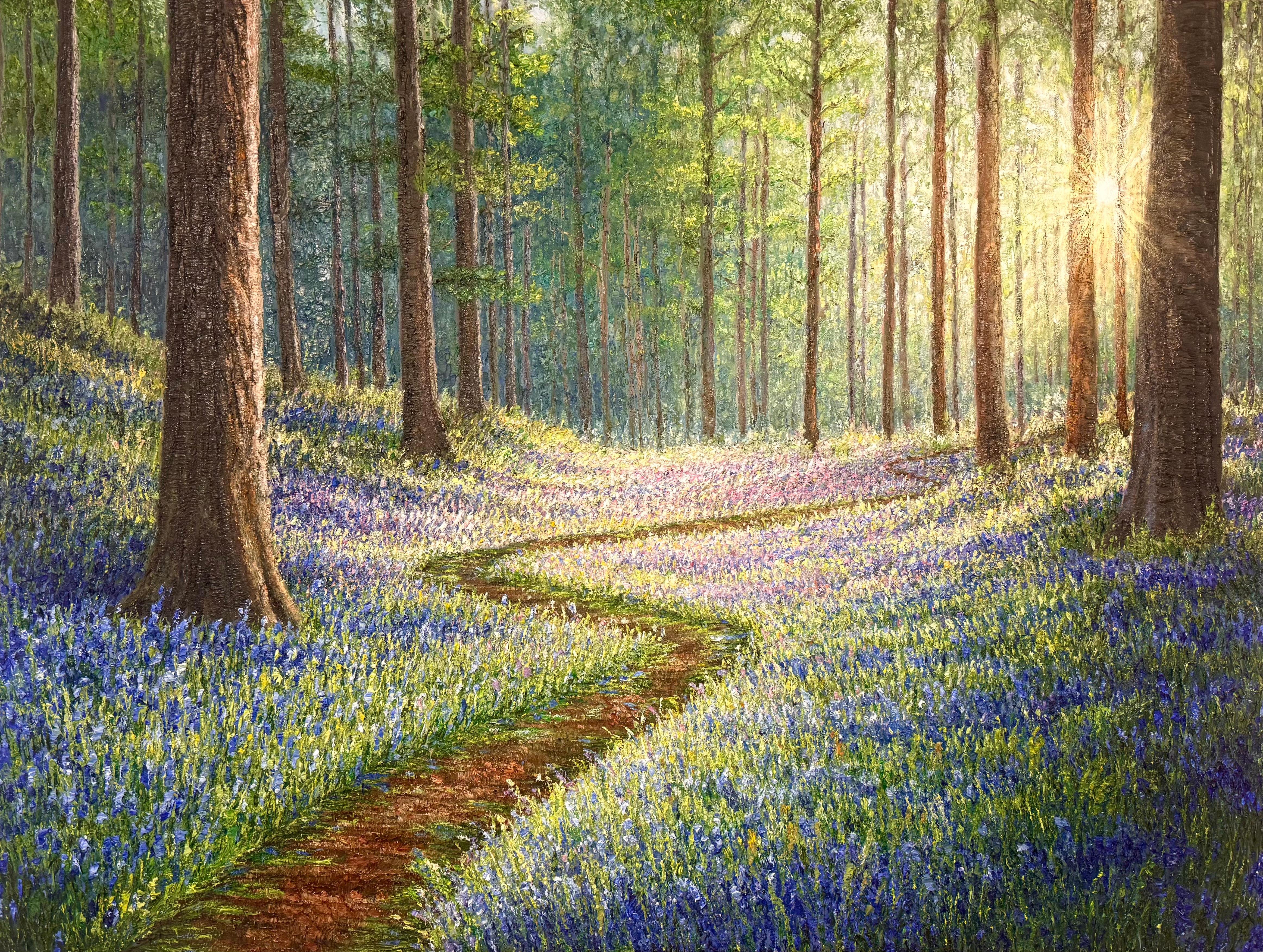 Sunlit Bluebells - original realismus landschaft öl gemälde-zeitgenössischen kunstwerk – Painting von Sophia Chalklen
