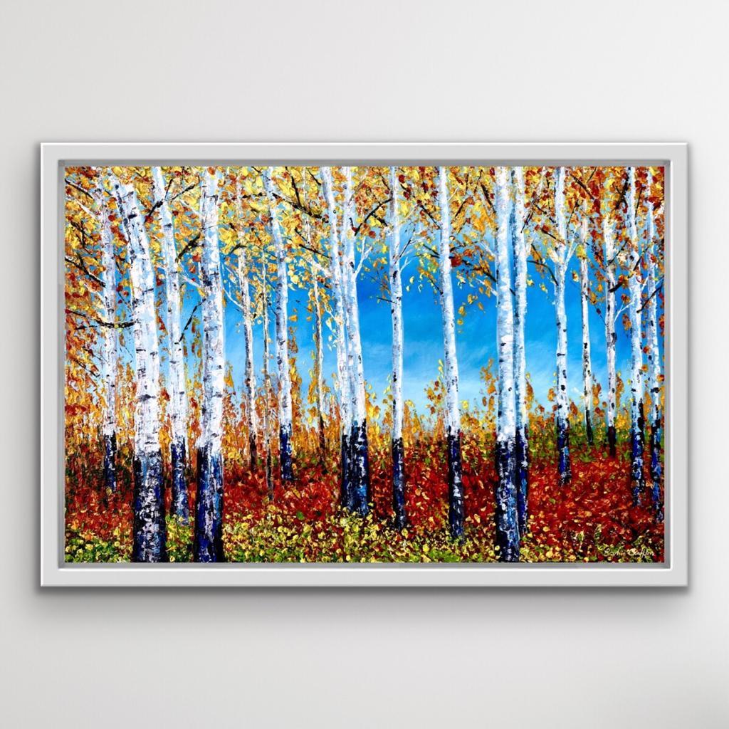 Silver Birch magical forest. The painting was created mainly using a pallet knife with thick paint for texture. Part of my uplifting, vibrant, blue sky series. I enjoy creating paintings which are striking and have a magical element to them. I love