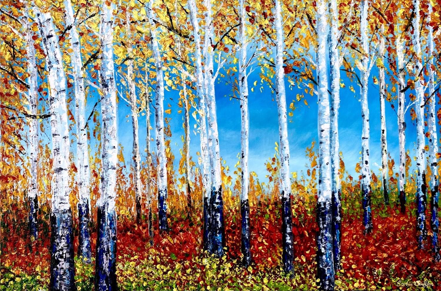 Sophia Chalklen  Landscape Painting - Forest of Dreams, Tree Art, Contemporary Gold Nature Painting, Warm Art, Crisp