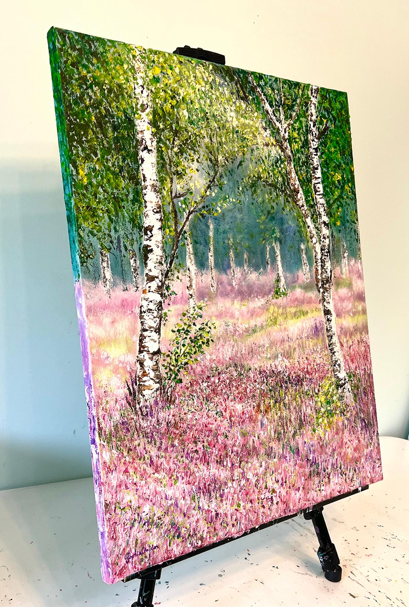 Heather Bloom, Impressionist Style Painting, Landscape Artwork, Tree Art - Brown Still-Life Painting by Sophia Chalklen 
