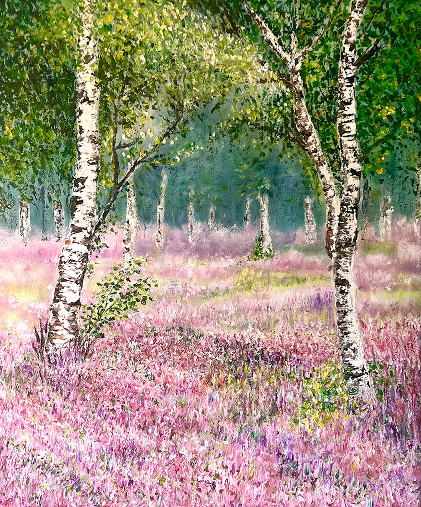 This piece was inspired by a feeling of tranquillity walking through a bed of flowering heather. I loved the combination of birch trees amongst the beautiful pinks and lilacs. The soft lighting and sense of depth gives the painting a dreamy feel and