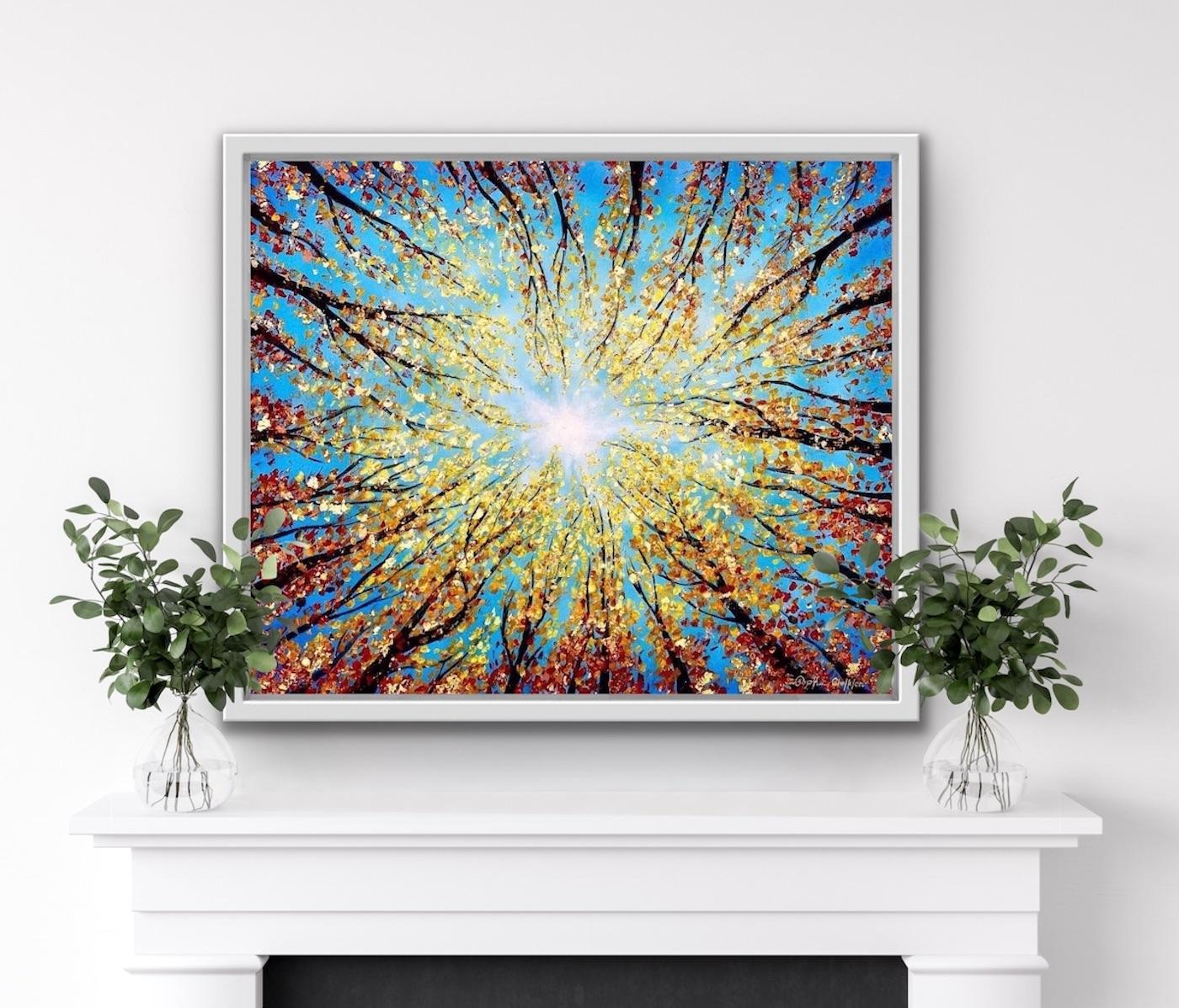 Reach For the Light by Sophia Chalklen [2022]
original and hang signed by the artist 

Oil on box canvas with Embellished with 24ct Gold, copper and bronze leaf.

Image size: H:51 cm x W:61 cm

Complete Size of Unframed Work: H:51 cm x W:61 cm x