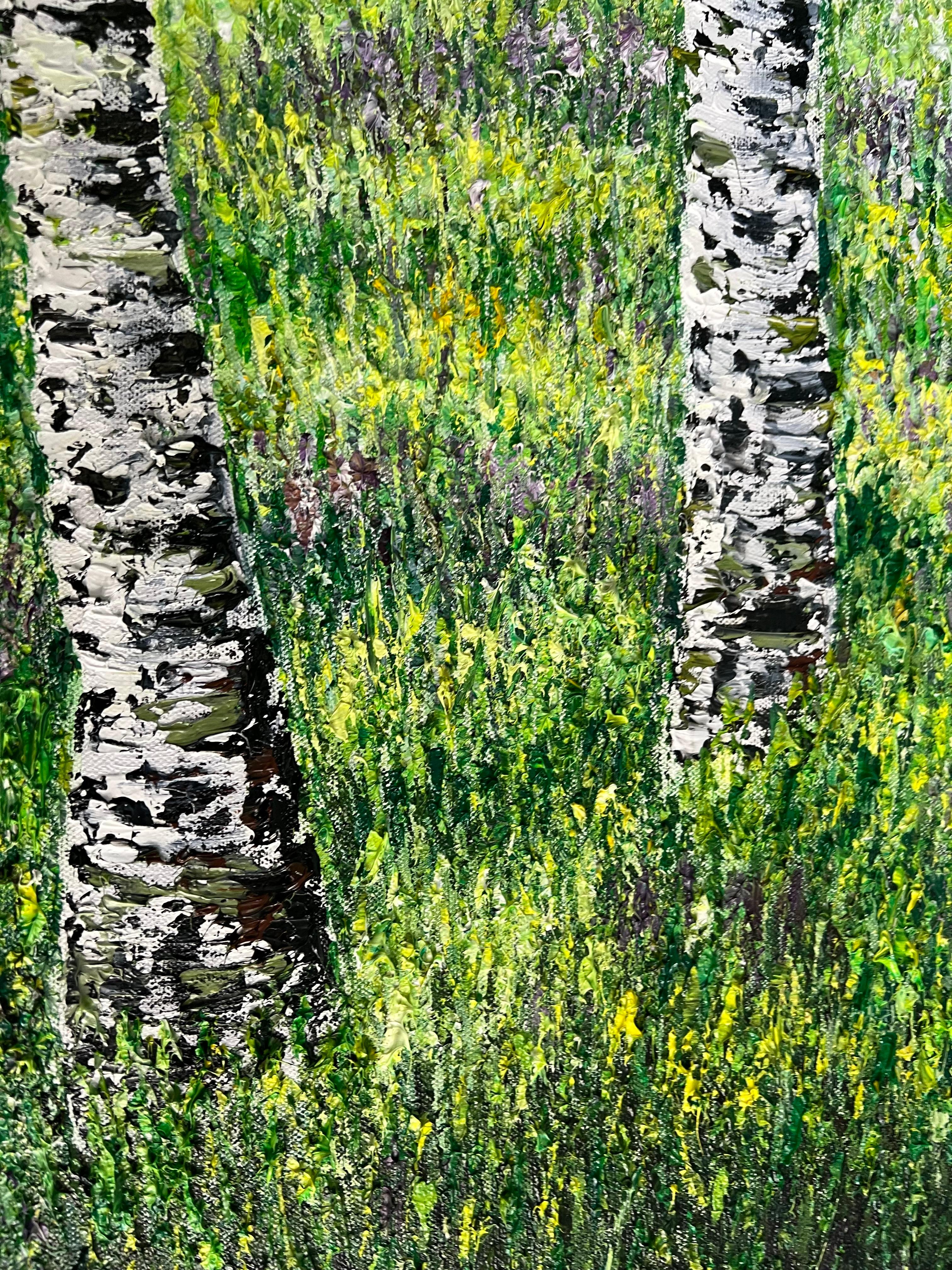 Dieses fesselnde Werk entführt den Betrachter in einen ruhigen Birkenwald. Der Bogen der Bäume lädt den Betrachter in den Brennpunkt des Lichts ein. Der Einsatz der Impasto-Technik des Künstlers verstärkt die Tiefe und Dimension der Bäume und des