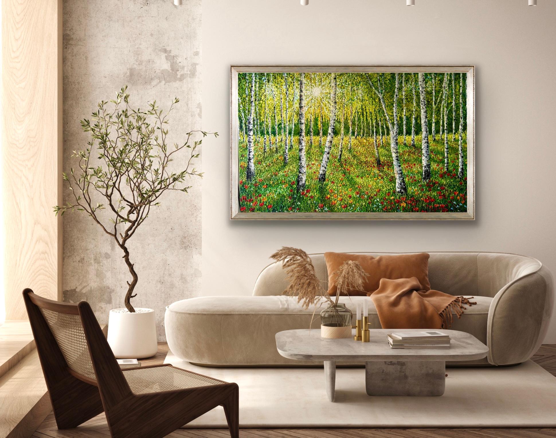 Resplandor del bosque, pintura original, paisaje, contemporáneo - Painting de Sophia Chalklen 