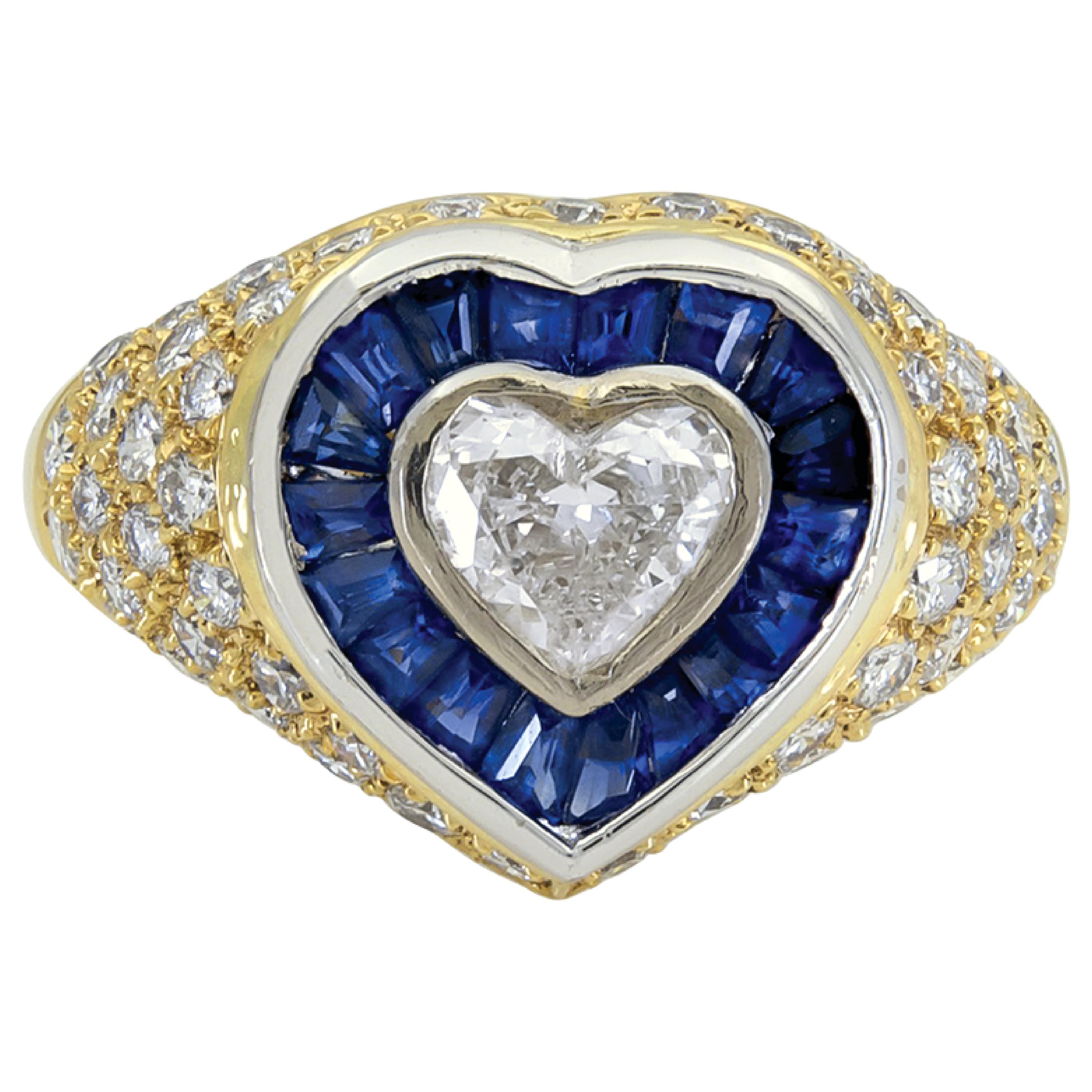 Sophia D. 0.66 Carat Center Heart Diamond with Blue Sapphires Dome Ring