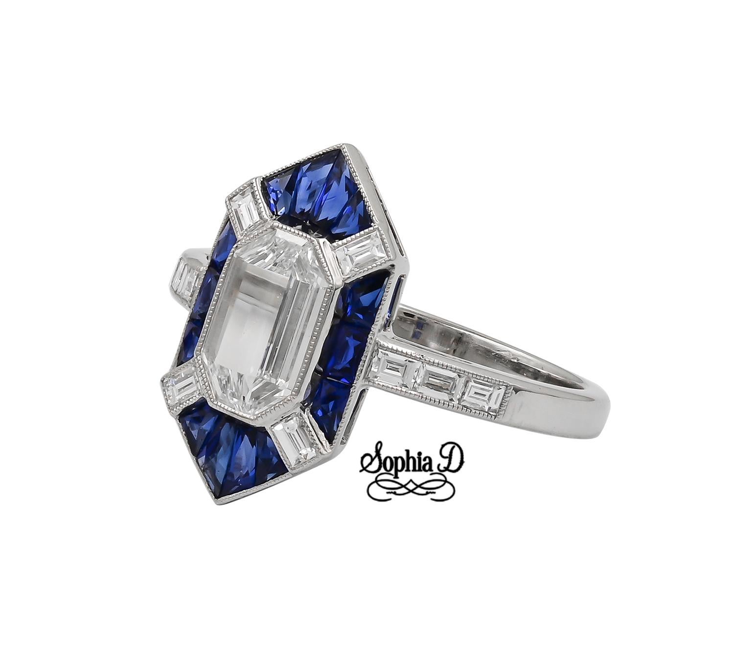 This Art Deco inspired platinum ring by Sophia D. features a 1.00 carat center diamond accentuated with .70 carat of blue sapphire and 0.32 carat small diamonds. Available for resizing.

Sophia D by Joseph Dardashti LTD has been known worldwide for