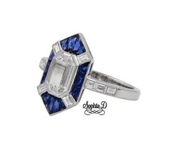 Sophia D. 1.00 Carat Diamond and Blue Sapphire Art Deco Ring in Platinum Setting