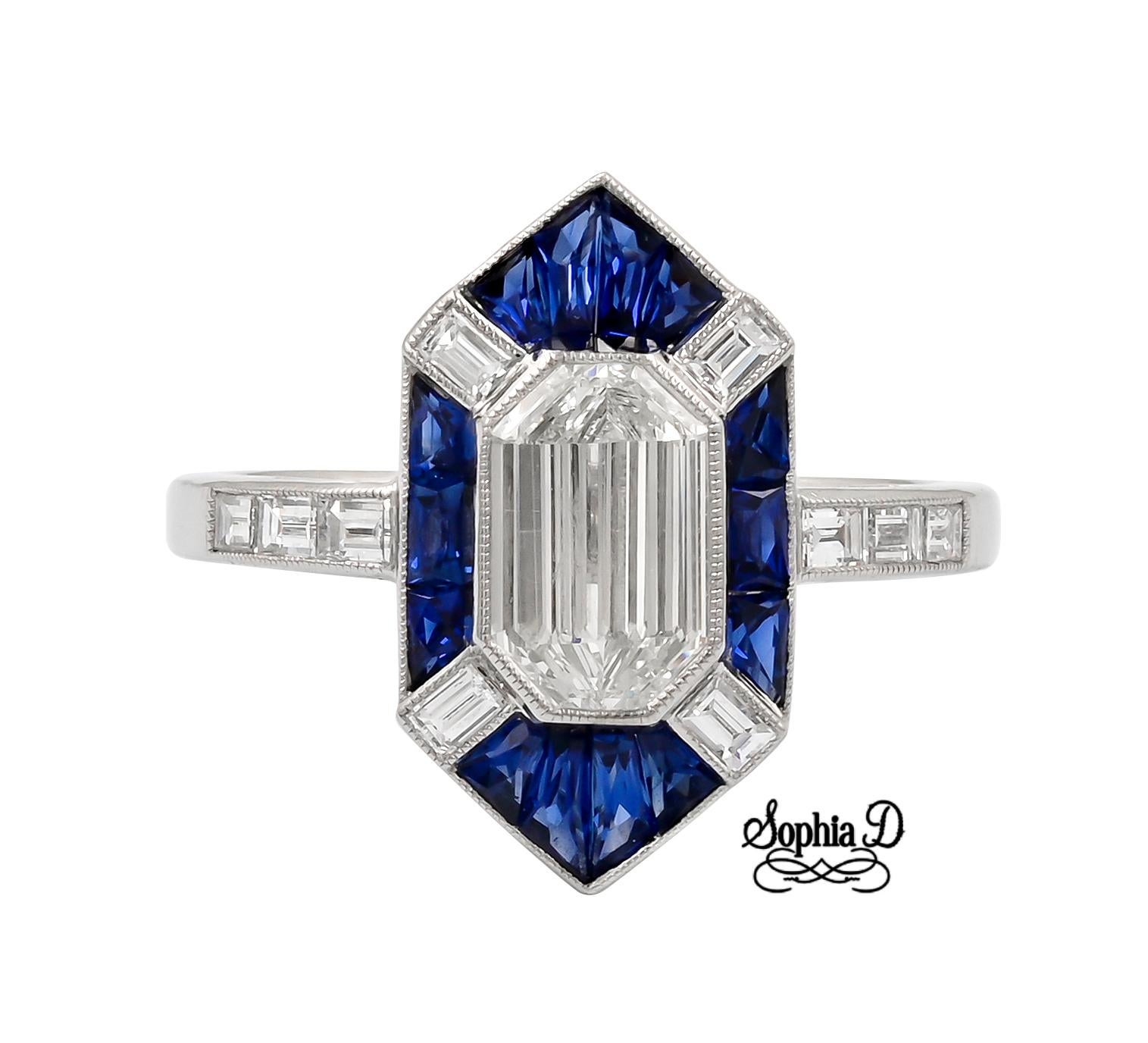 Mixed Cut Sophia D. 1.00 Carat Diamond and Blue Sapphire Art Deco Ring in Platinum Setting For Sale