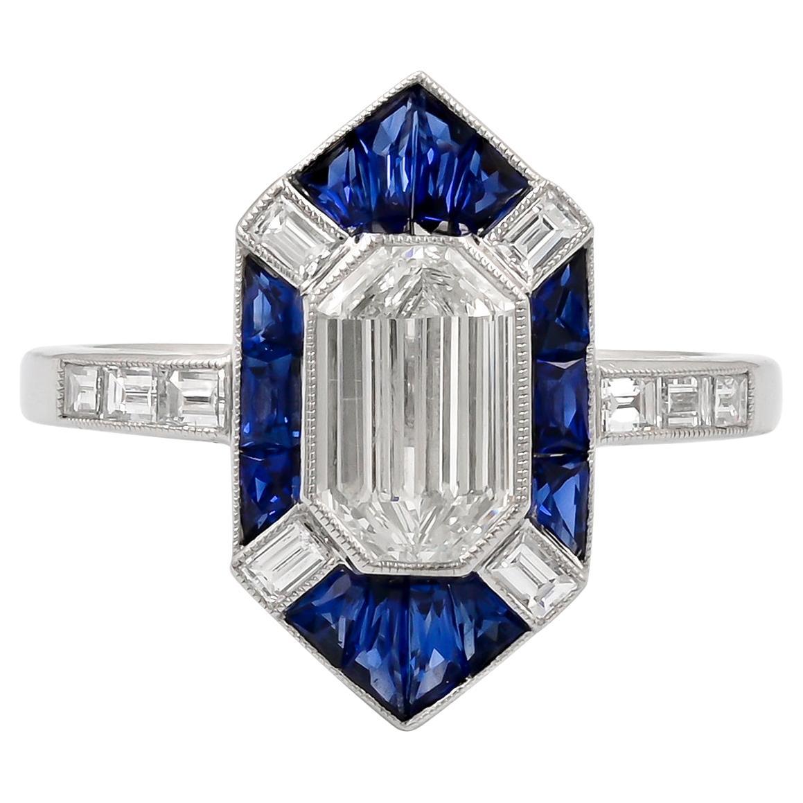 Sophia D. 1.00 Carat Diamond and Blue Sapphire Art Deco Ring in Platinum Setting For Sale
