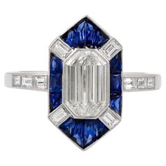 Sophia D. Bague art déco en platine avec diamant de 1,00 carat et saphir bleu