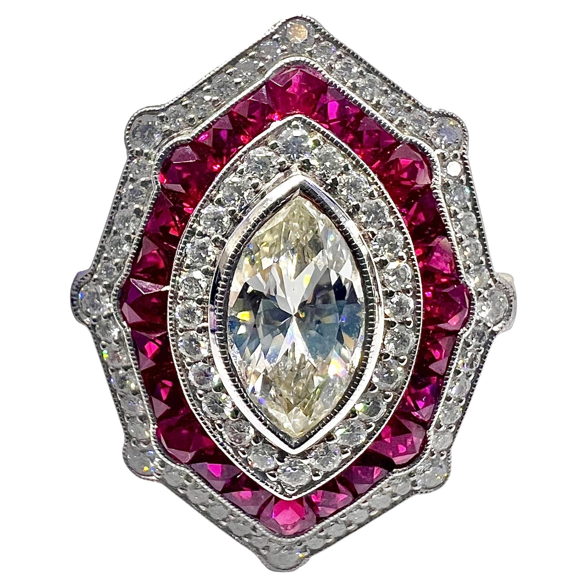 Bague Art déco Sophia D. 1,01 marquise diamant et rubis en vente