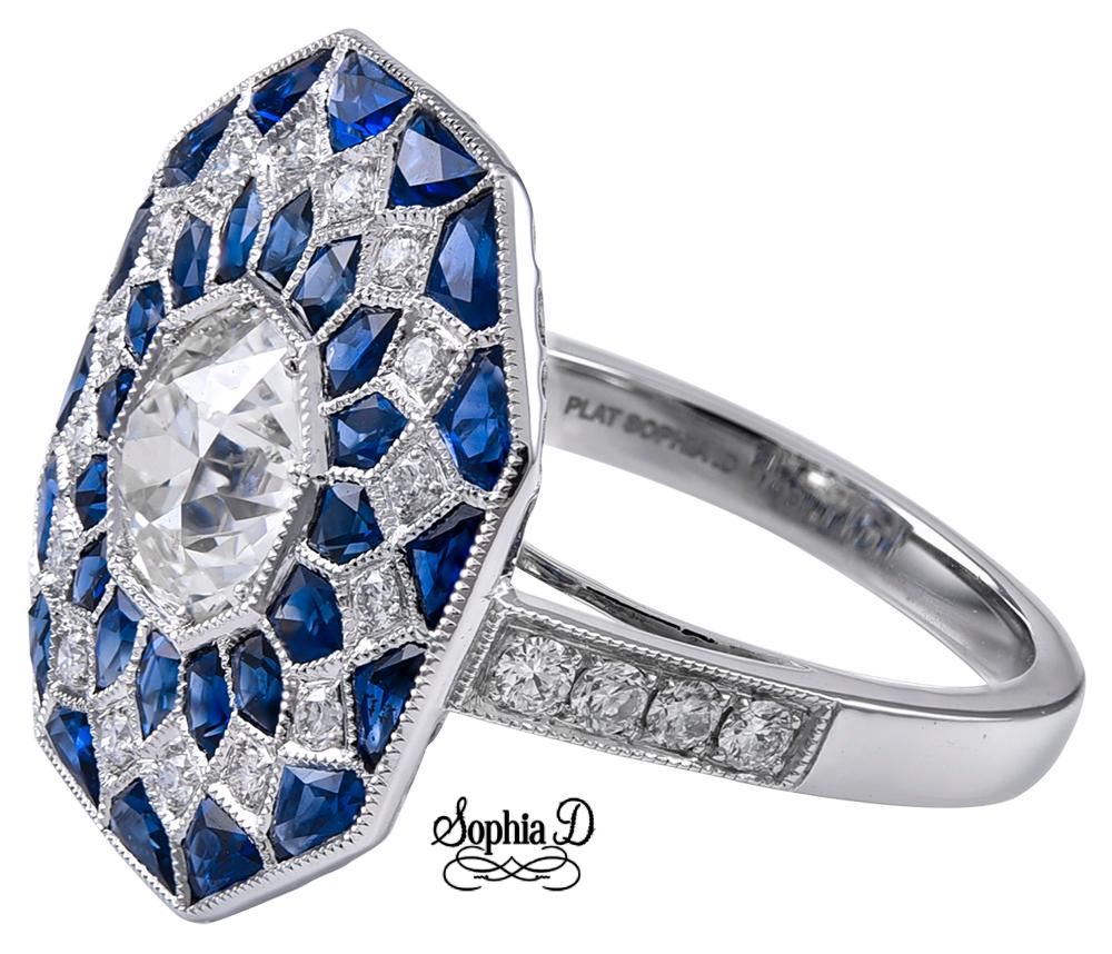 Round Cut Sophia D. 1.02 Carat Diamond and Blue Sapphire Art Deco Ring in Platinum For Sale