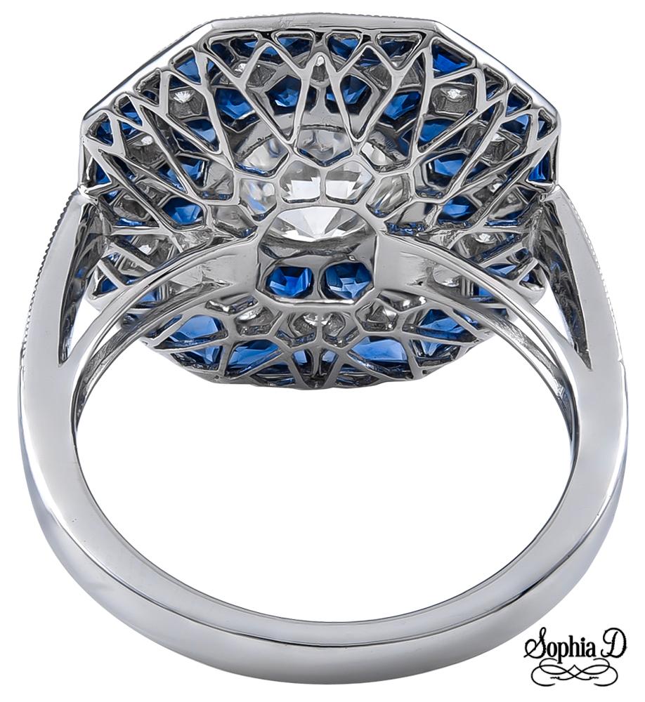 Sophia D. 1.02 Carat Diamond and Blue Sapphire Art Deco Ring in Platinum In New Condition For Sale In New York, NY