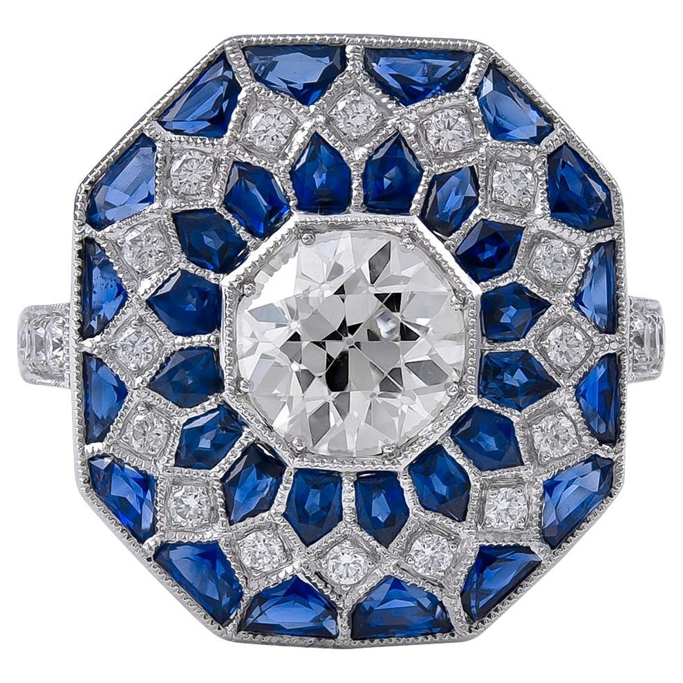 Sophia D. 1,02 Karat Diamant und blauer Saphir Art Deco-Ring aus Platin