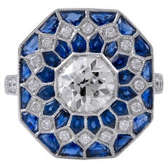 Sophia D. Bague art déco en platine avec diamant de 1,02 carat et saphir bleu