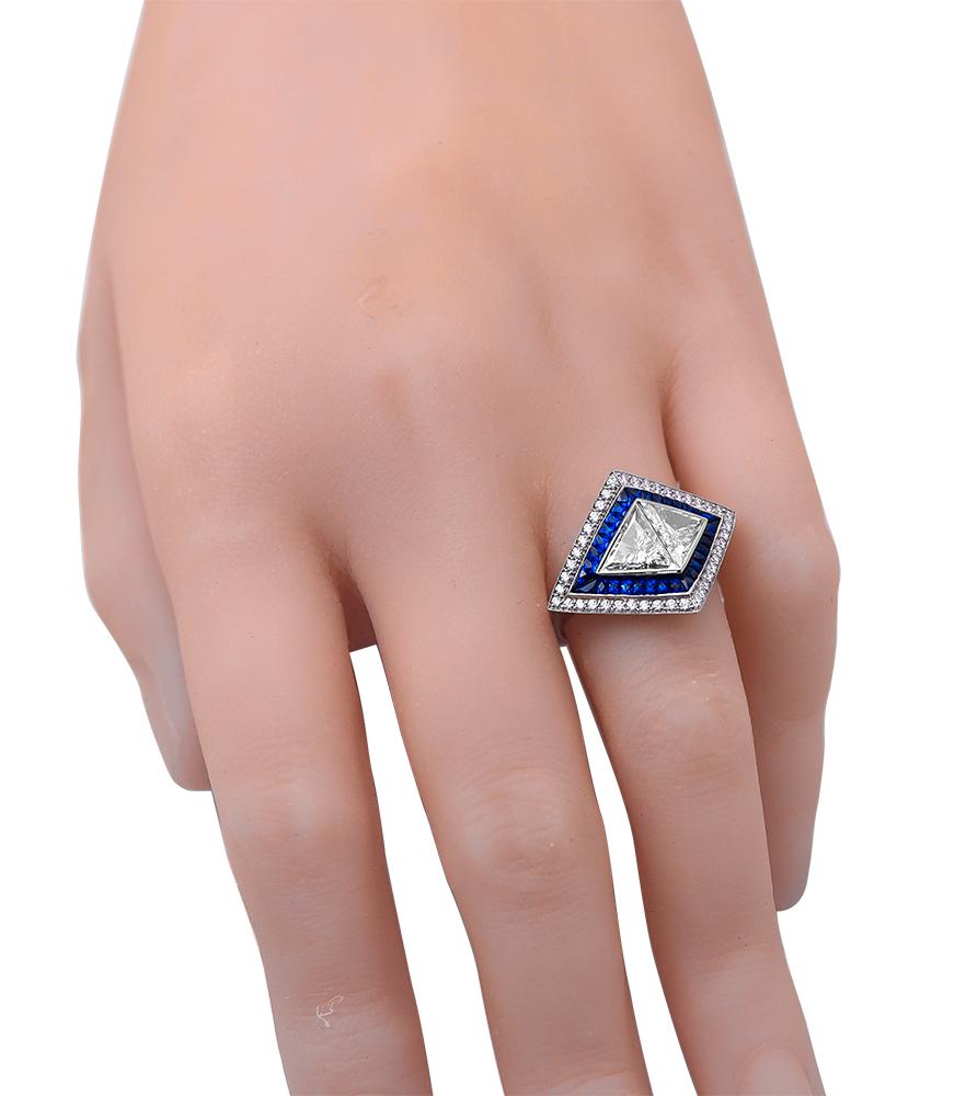 Trillion Cut Sophia D. 1.07 Carat Diamond and Blue Sapphire Art Deco Ring For Sale