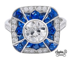 Sophia D. 1.08 Carat Diamond and Blue Sapphire Art Deco Ring Set In Platinum