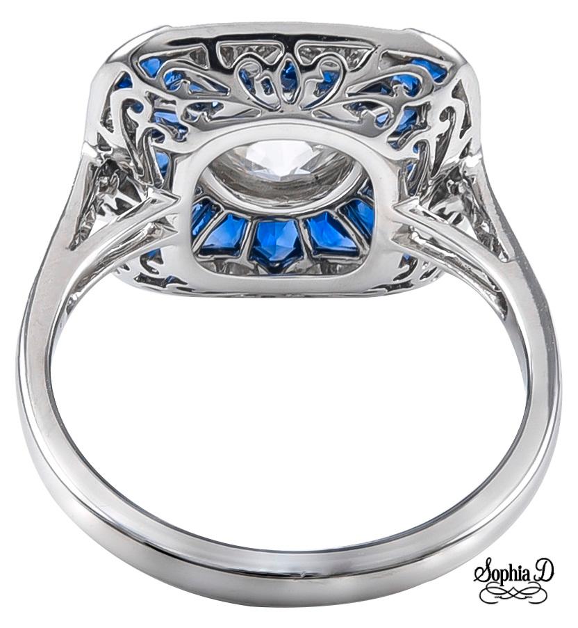 Round Cut Sophia D. 1.08 Carat Diamond and Blue Sapphire Art Deco Ring Set In Platinum For Sale