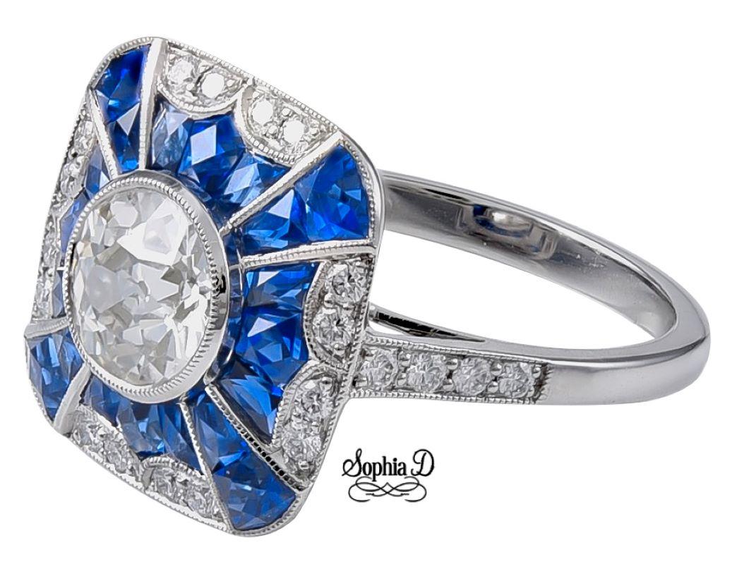 Sophia D. 1,08 Karat Diamant und blauer Saphir Art Deco Ring in Platin gefasst (Rundschliff) im Angebot