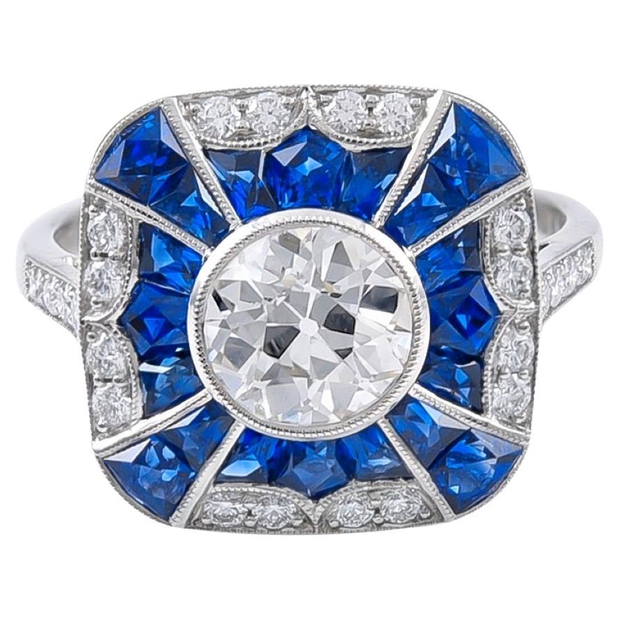 Sophia D. 1.08 Carat Diamond and Blue Sapphire Art Deco Ring Set In Platinum For Sale