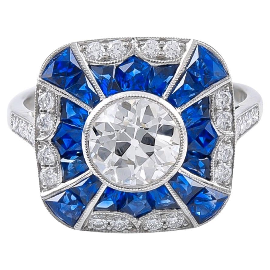 Sophia D. 1.08 Carat Diamond and Blue Sapphire Art Deco Ring Set In Platinum