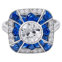Sophia D. 1.08 Carat Diamond and Blue Sapphire Art Deco Ring Set In Platinum