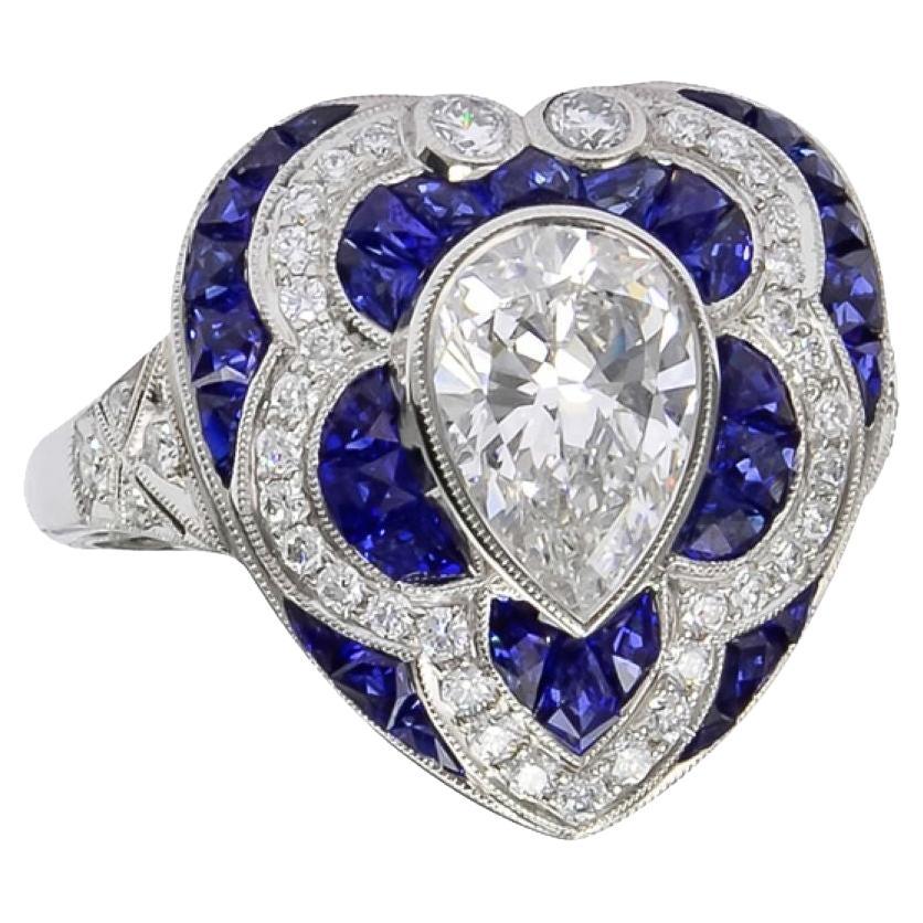Sophia D. 1.20 Carat Pear Shaped Diamond and Blue Sapphire Ring  For Sale