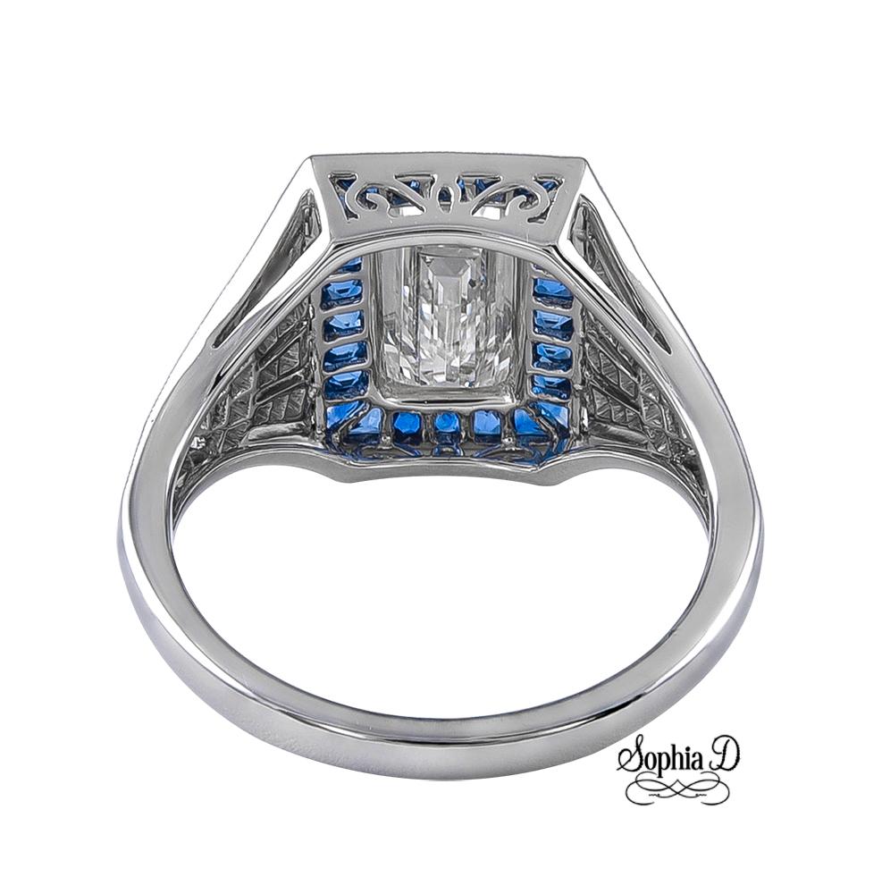 Baguette Cut Sophia D. 1.34 Carat Diamond and Sapphire Art Deco Platinum Ring For Sale