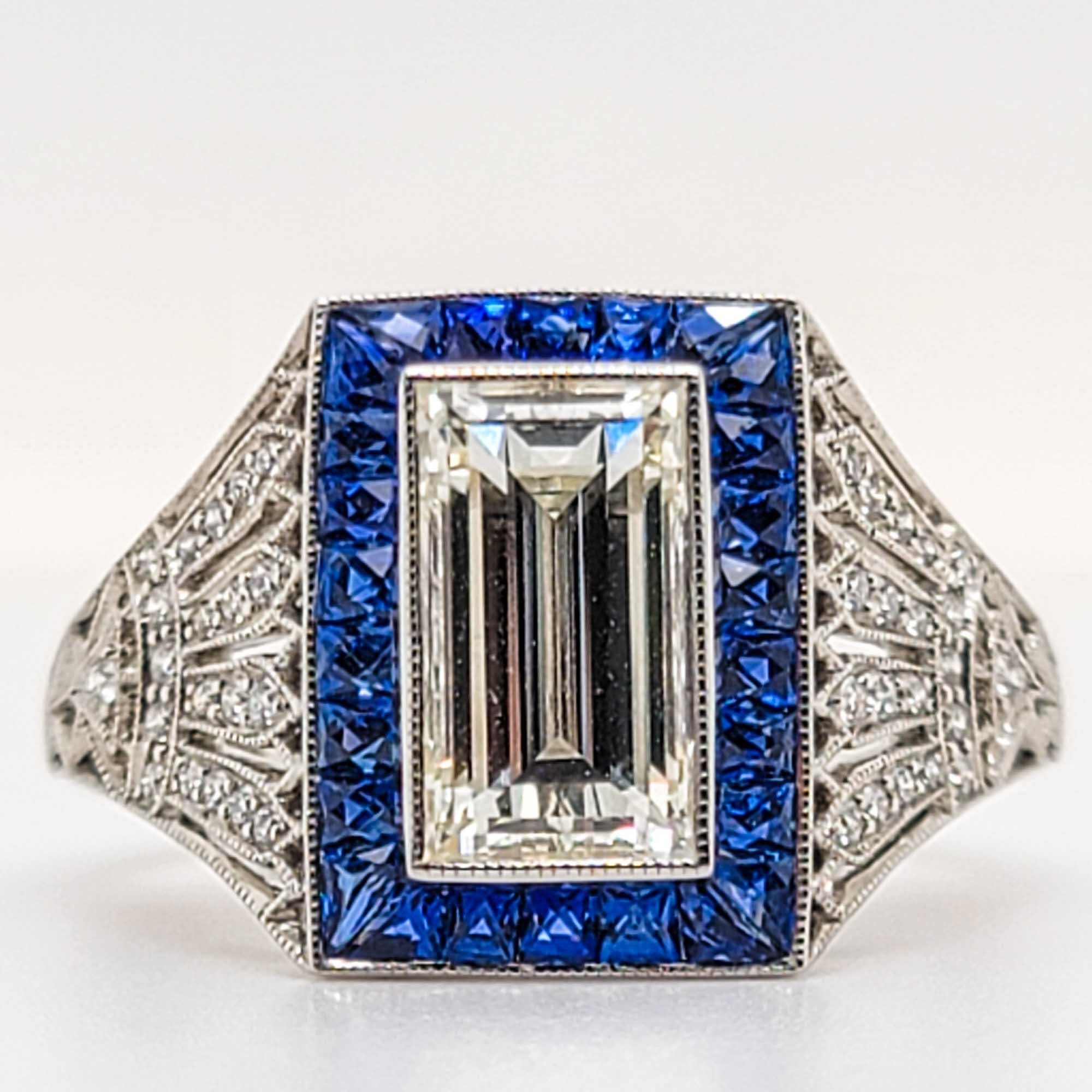 Sophia D. 1.34 Carat Diamond and Sapphire Art Deco Platinum Ring In New Condition For Sale In New York, NY