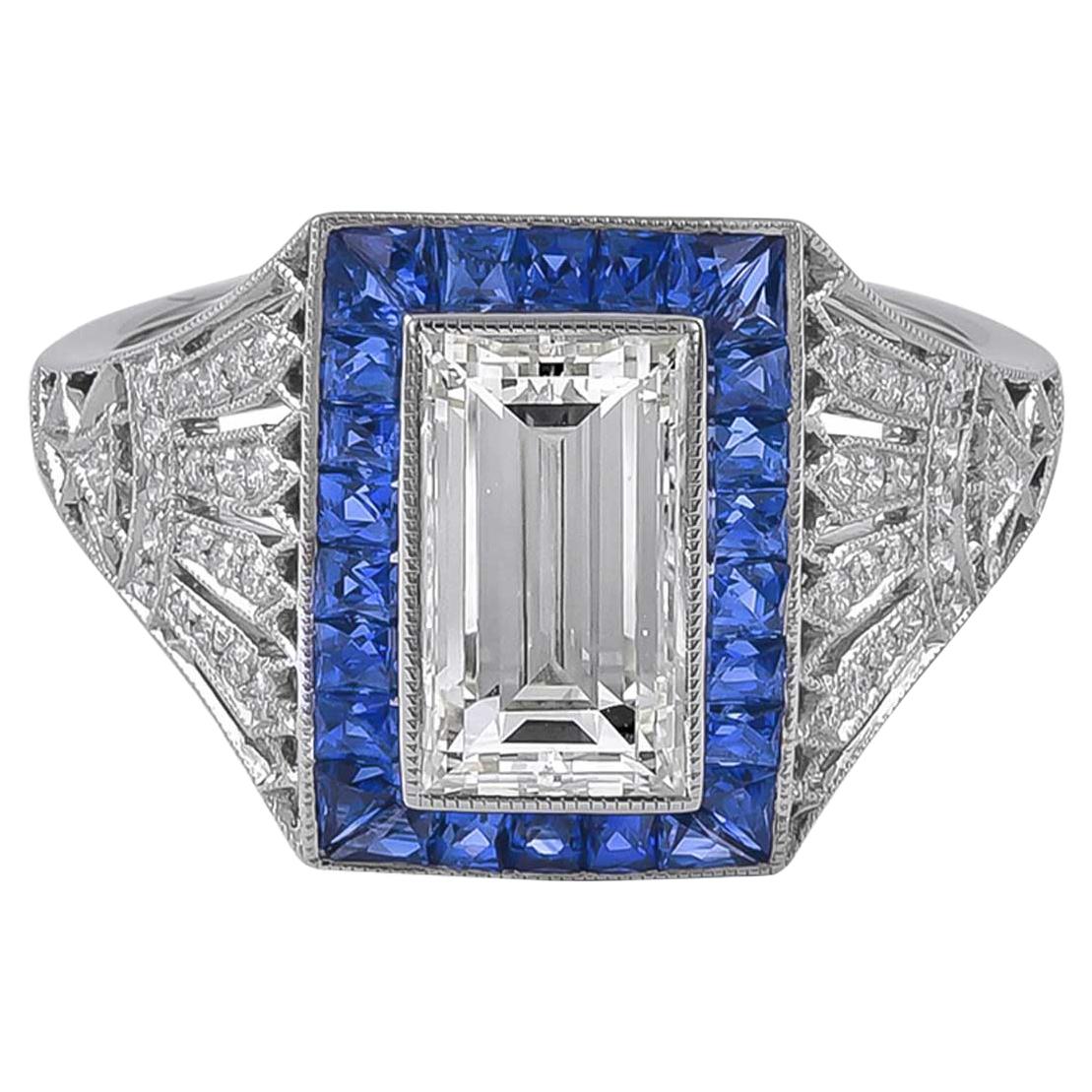 Sophia D. 1.34 Carat Diamond and Sapphire Art Deco Platinum Ring For Sale