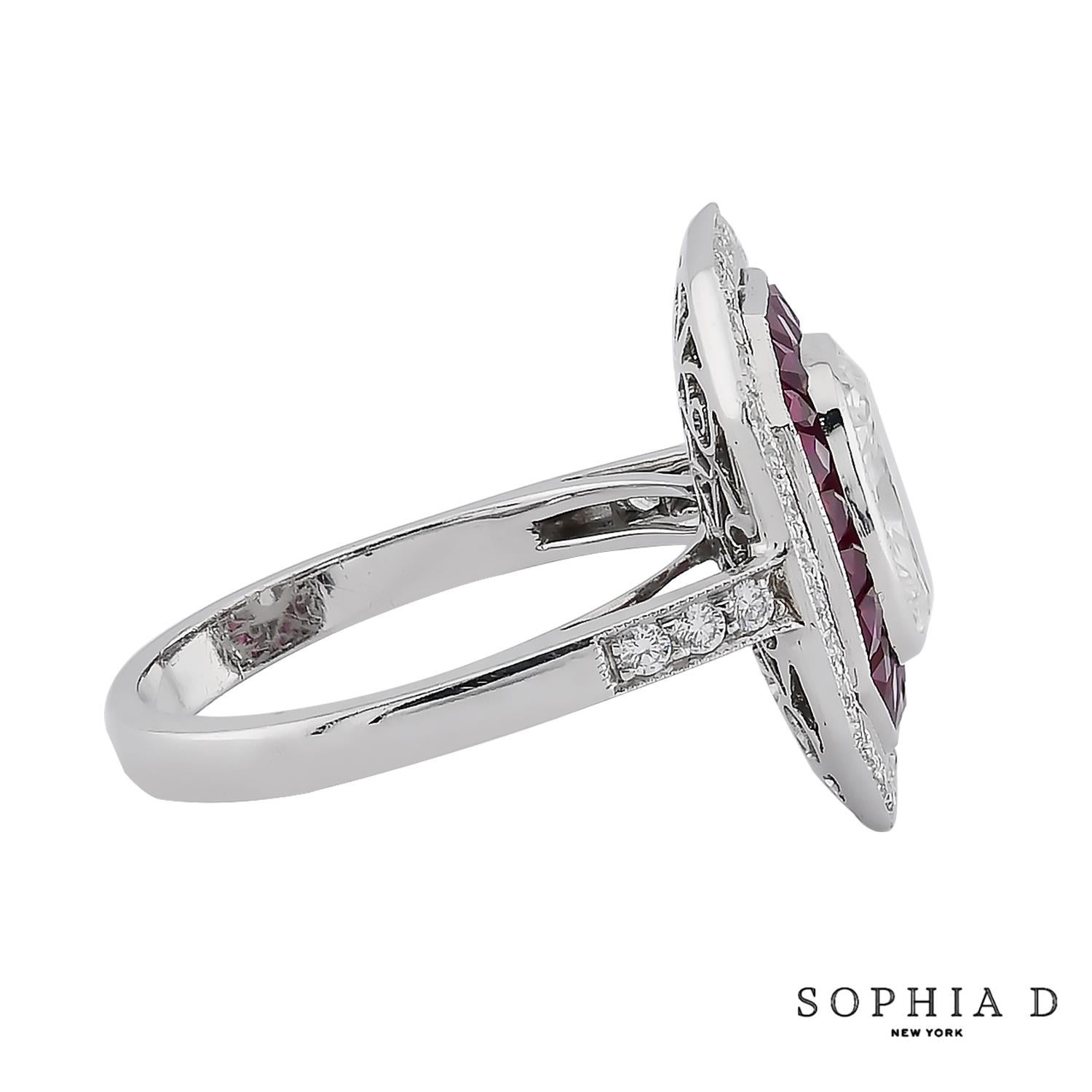 A Sophia D art deco style ring featuring a cushion-cut 1.51 carat center diamond accented with 2.16 carat rubies and 0.39 carat diamonds set in platinum.

Sophia D has been known world-wide for over 40 years because of its rich history of design and