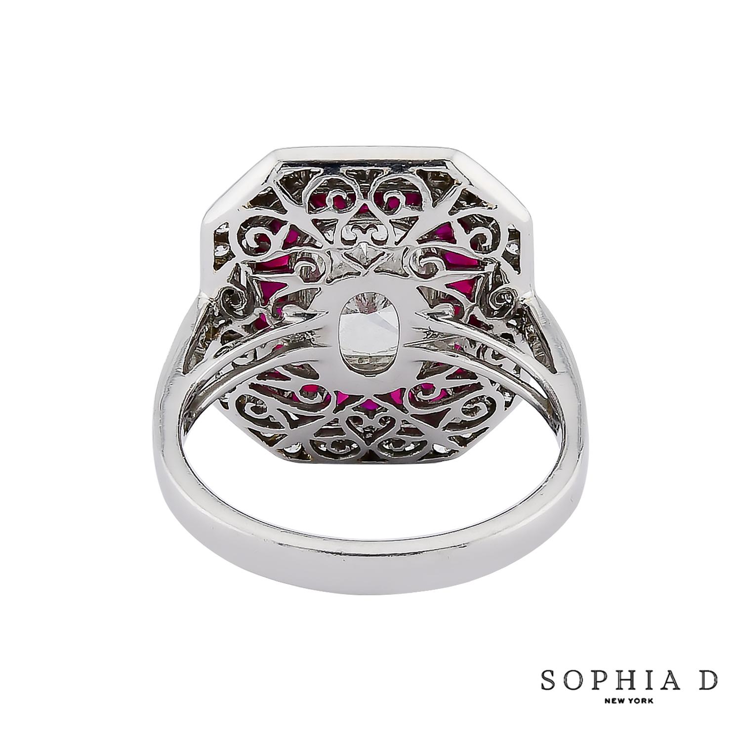 Cushion Cut Sophia D. 1.51 Carat Diamond and Ruby Art Deco Style Ring For Sale