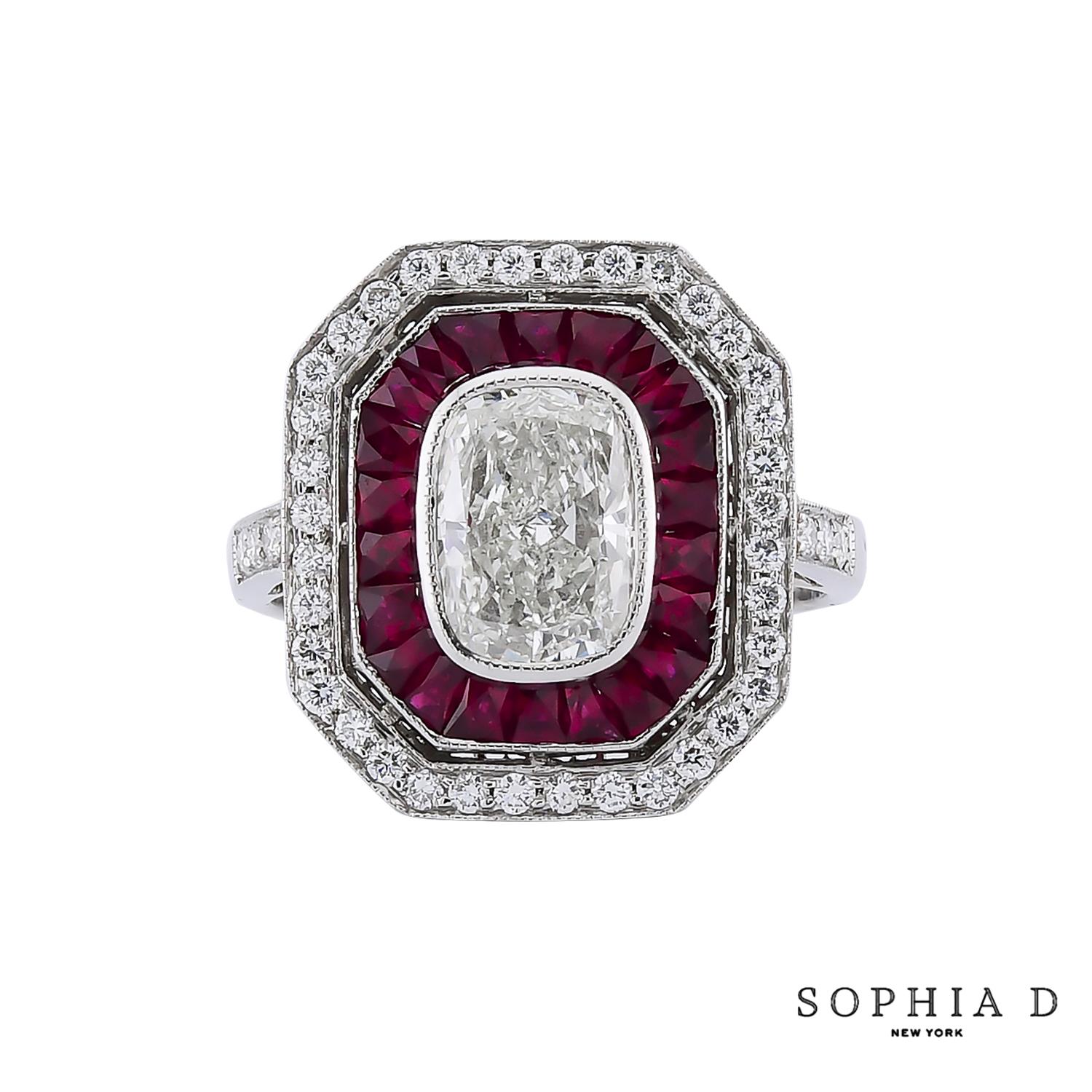 Sophia D. 1.51 Carat Diamond and Ruby Art Deco Style Ring In New Condition For Sale In New York, NY