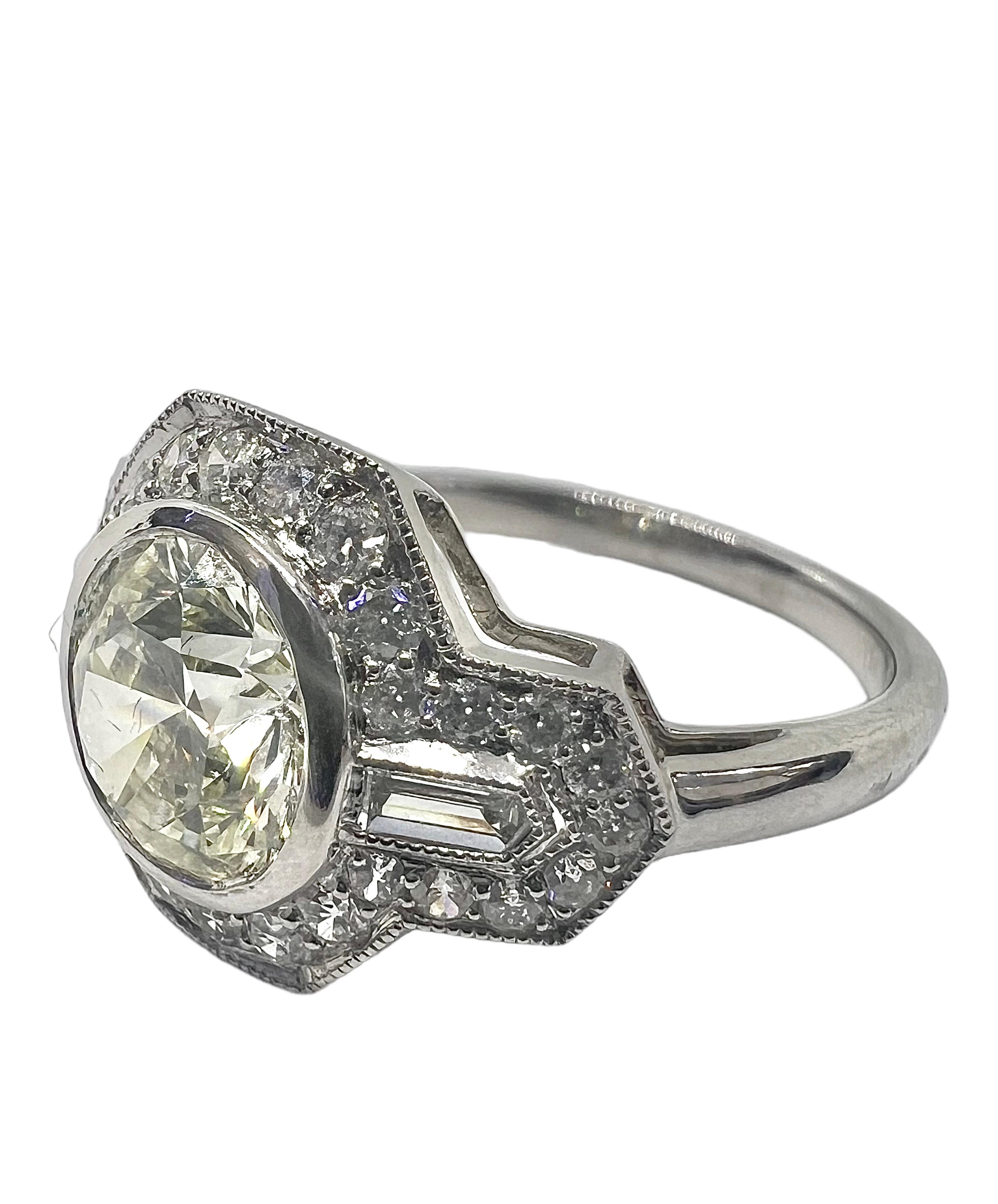 An art deco ring set in platinum with round diamond that weighs 1.51 carat surrounded with 0.50 carat small diamonds.

Sophia D by Joseph Dardashti LTD has been known worldwide for 35 years and are inspired by classic Art Deco design that merges