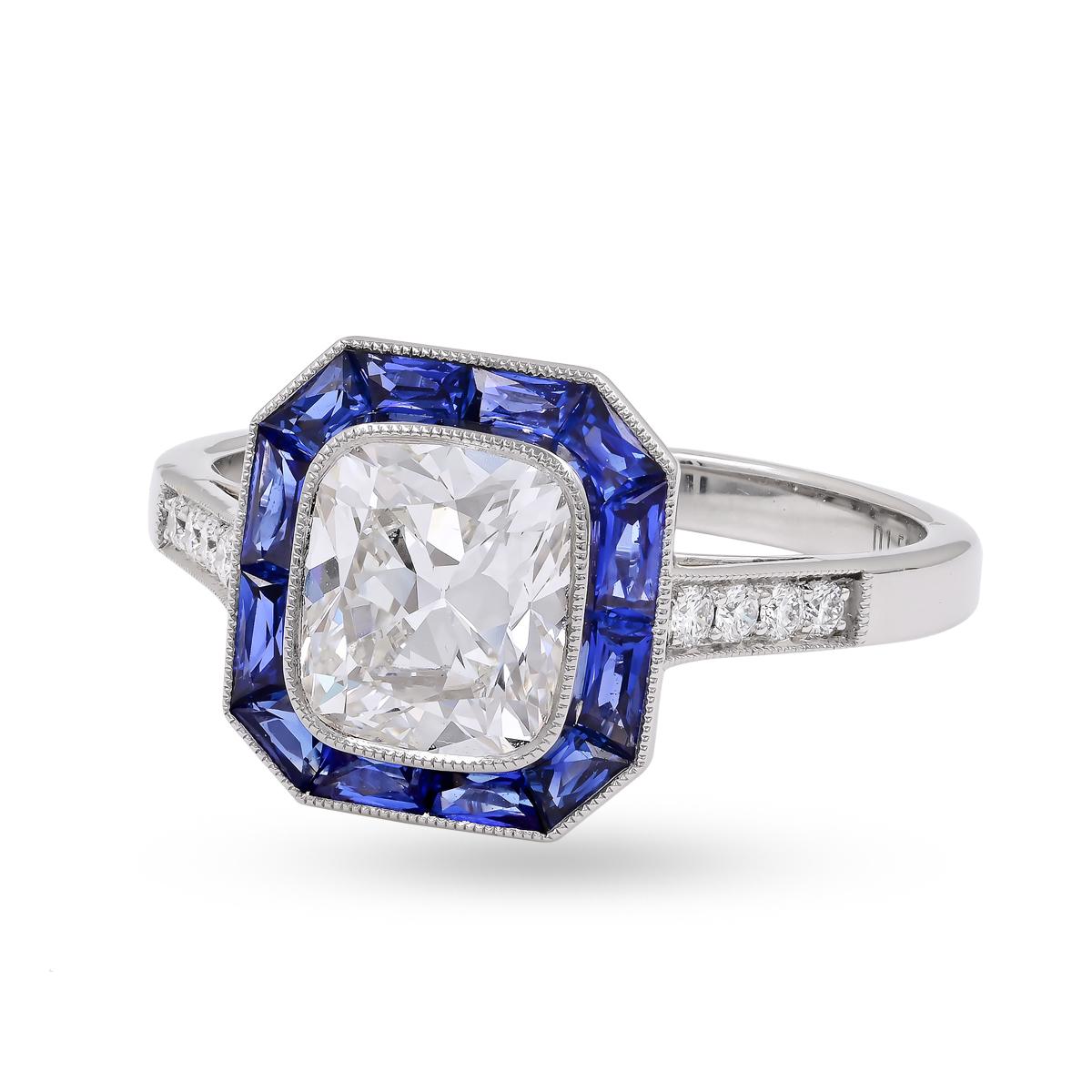 Cushion Cut Sophia D. 1.53 Carat Diamond and Blue Sapphire Art Deco Style Ring For Sale