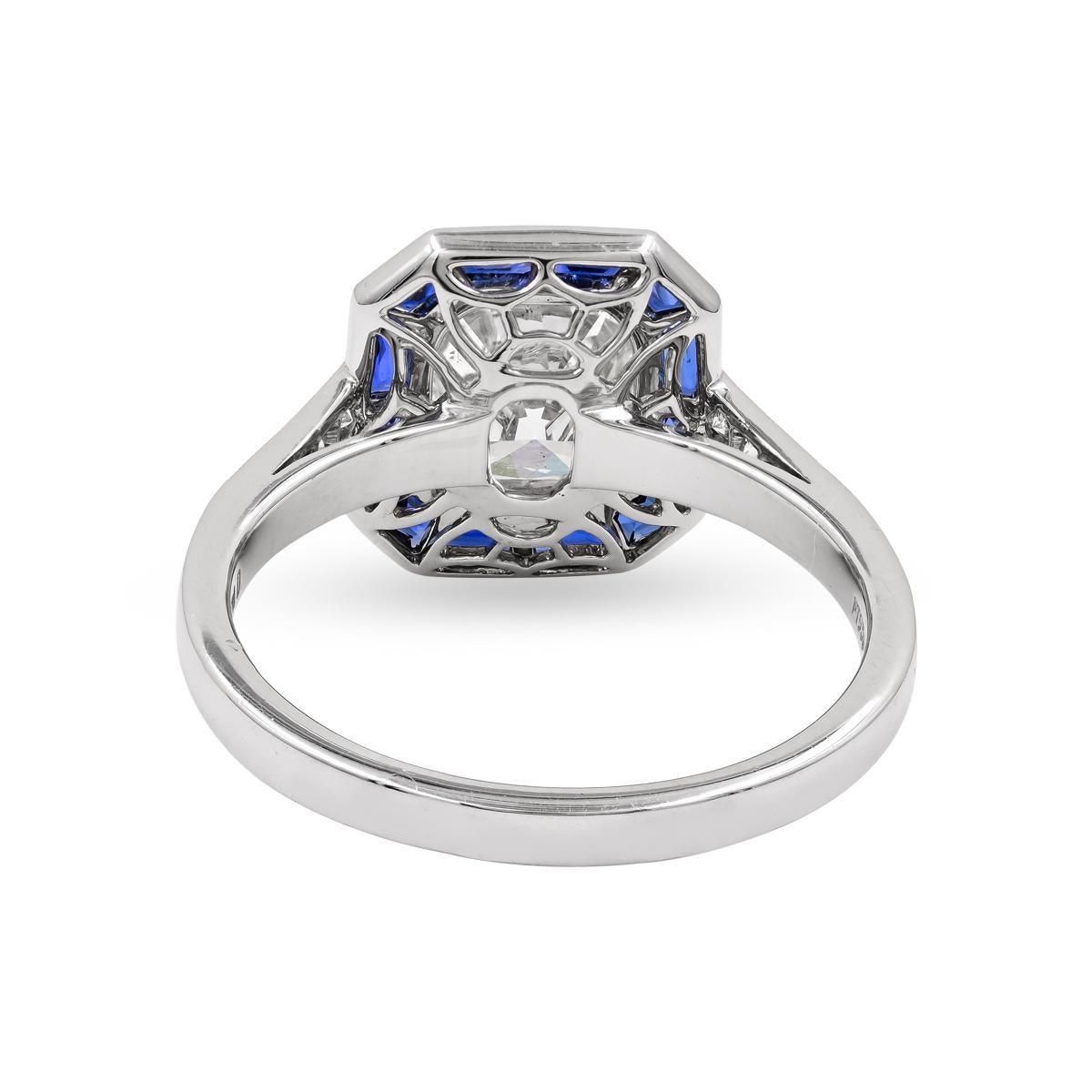 Sophia D. 1.53 Carat Diamond and Blue Sapphire Art Deco Style Ring In New Condition For Sale In New York, NY